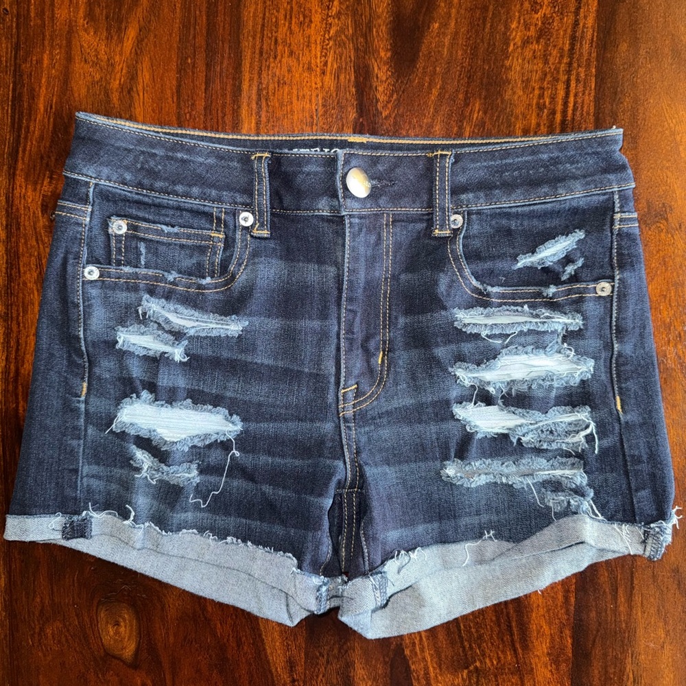 American Eagle Women’s Dark Blue Distressed Denim Shorts